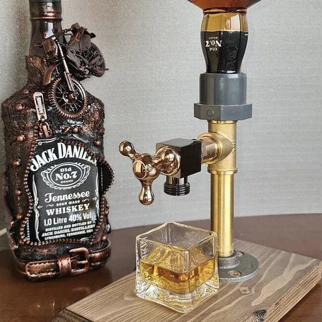 Single-bottle rustic whiskey dispenser on a wood base for a home bar care check