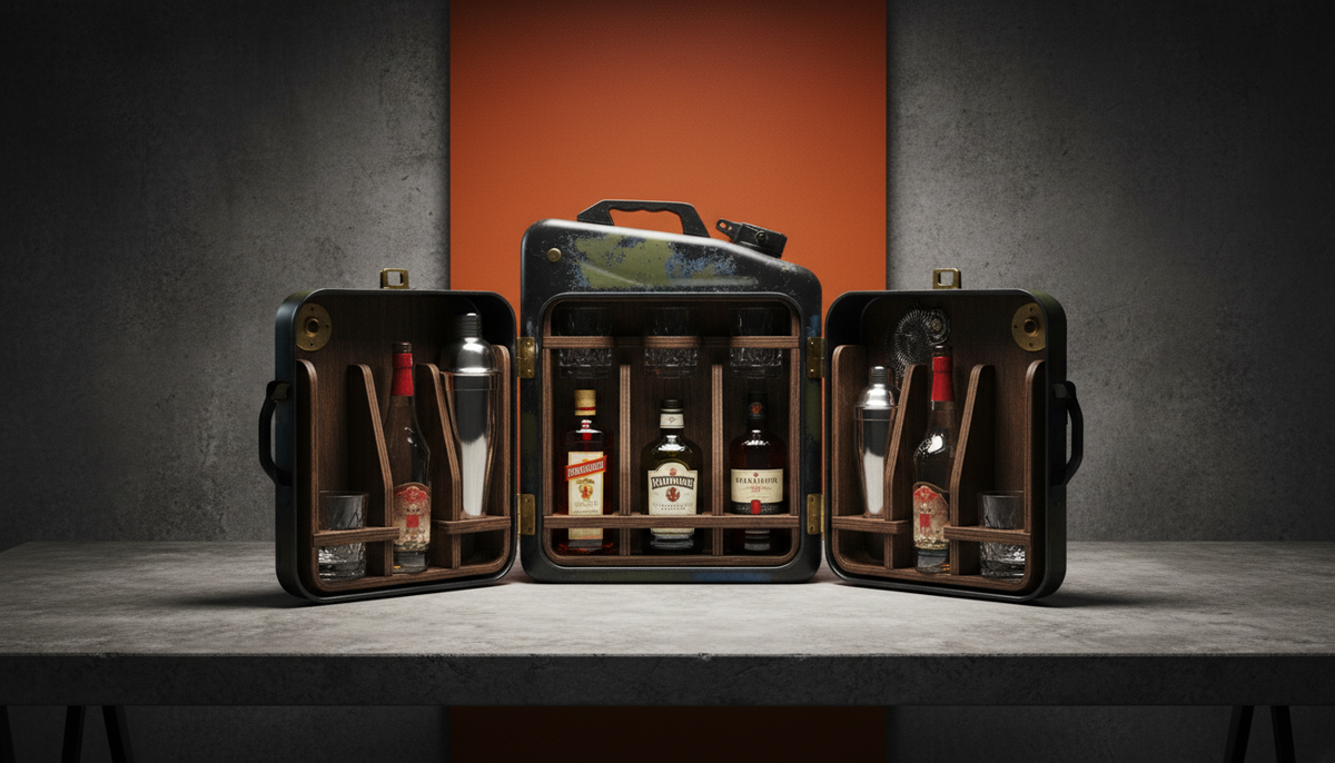 Three mini bar cabinets arranged as a home bar display against a dark wall