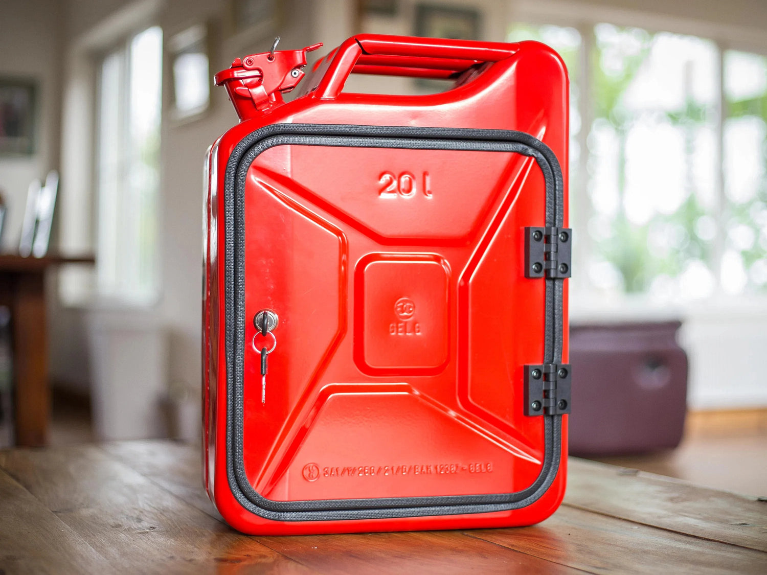 Closed red Jerry Can Mini Bar cabinet for dry garage or home bar storage