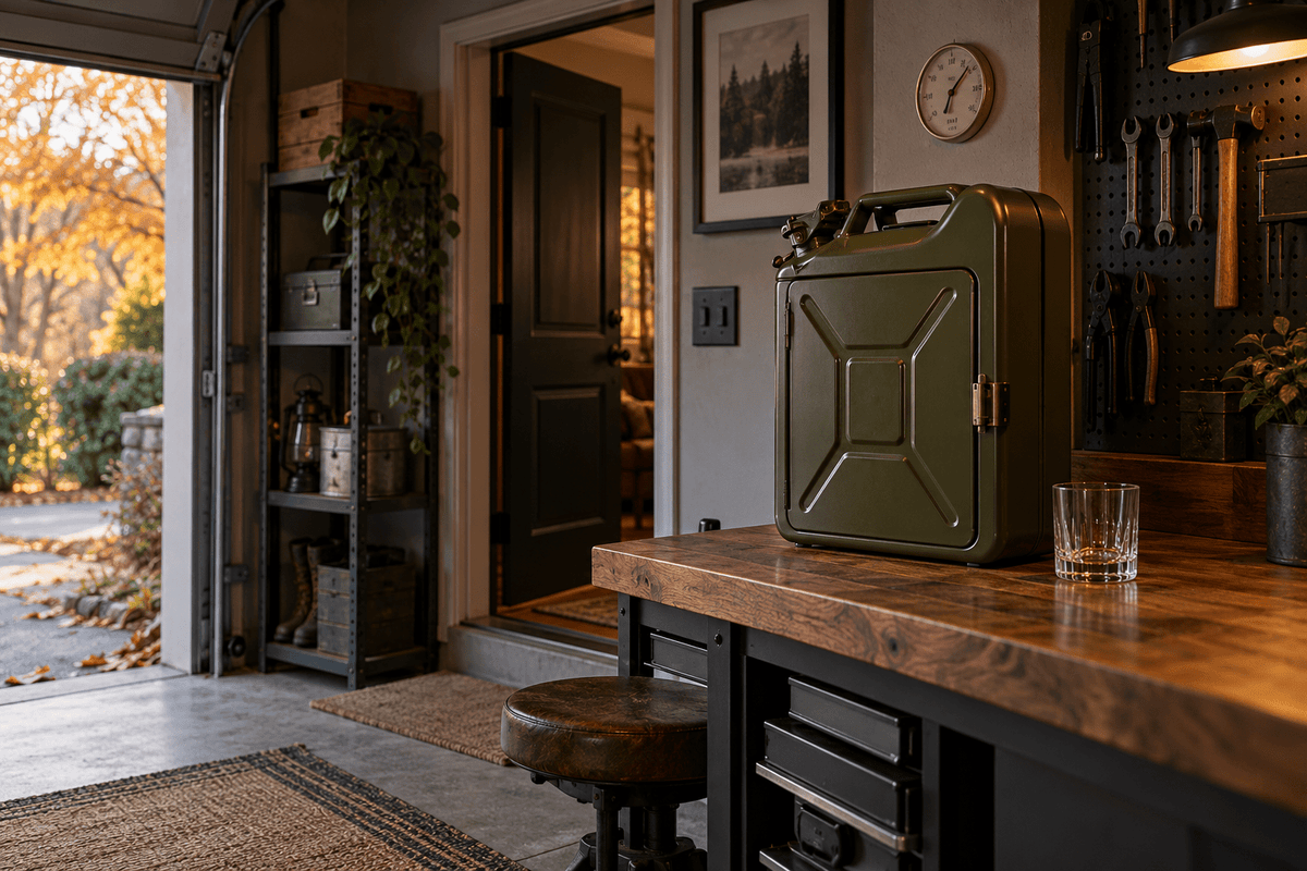 Unbranded jerry-can mini bar cabinet in a finished garage bar, styled for serving rather than temperature-controlled bottle storage