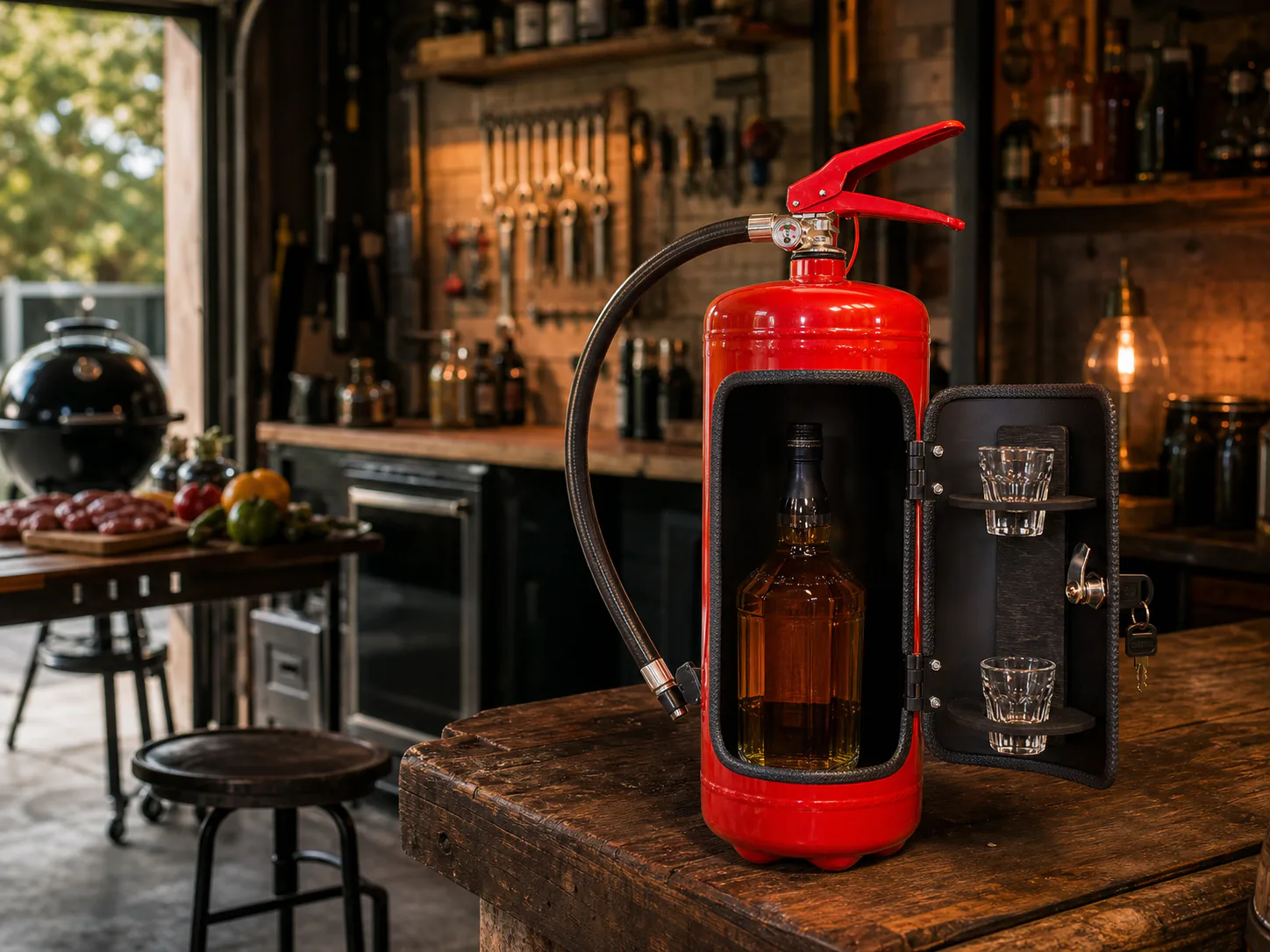 Industrial garage bar scene with a fire extinguisher mini bar cabinet