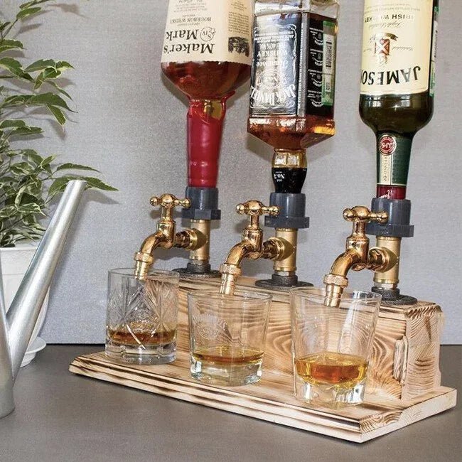 Rustic whiskey bottle dispenser display view with wood base and bottle holder