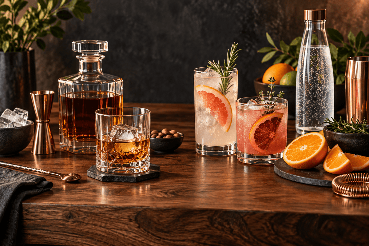 Whiskey and citrus alcohol-free drinks arranged together with separate bar tools