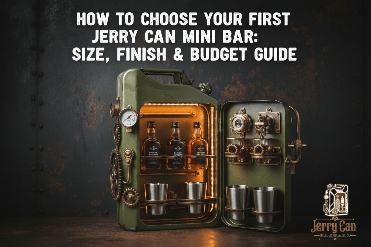 Green Jerry Can Mini Bar guide cover with bottles, metal cups, industrial background, and Jerry Can Barware logo