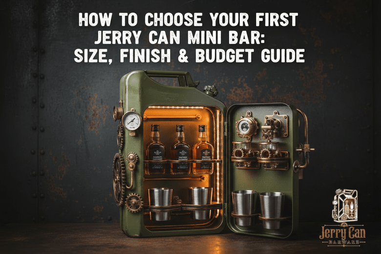 Green Jerry Can Mini Bar guide cover with bottles, metal cups, industrial background, and Jerry Can Barware logo