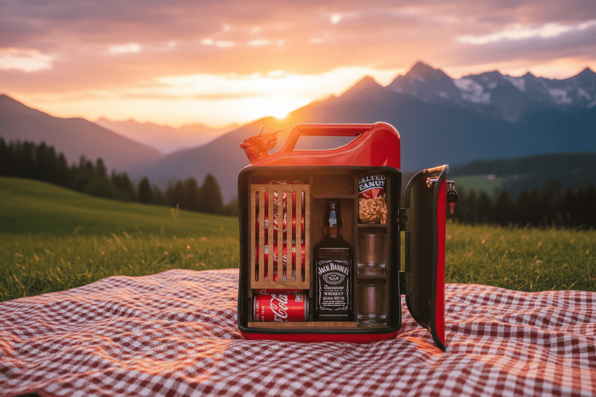 Open red jerry can mini bar on a picnic table overlooking hills at sunset
