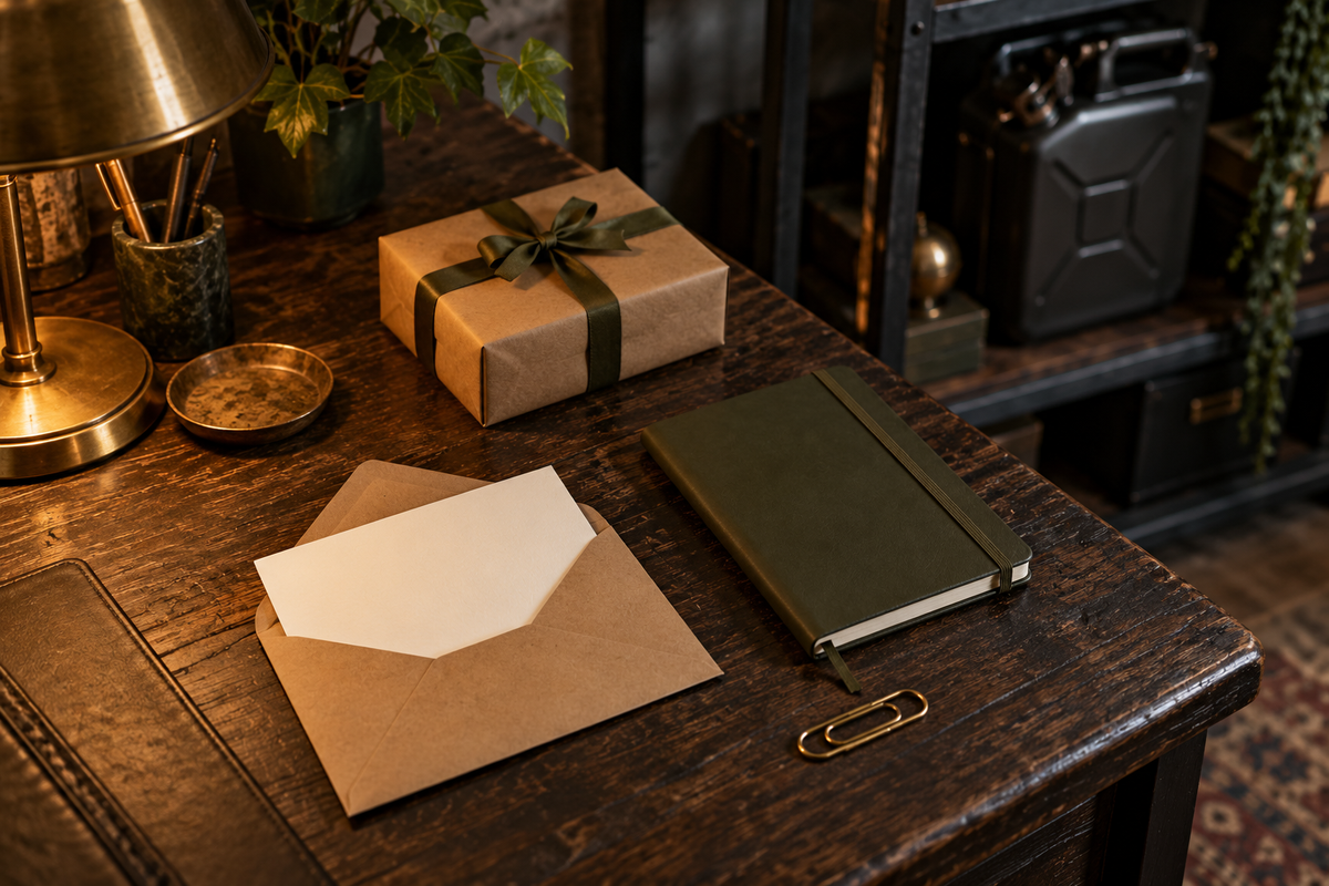 AI gift-planning illustration with a blank envelope, notebook and wrapped present in a dark industrial study