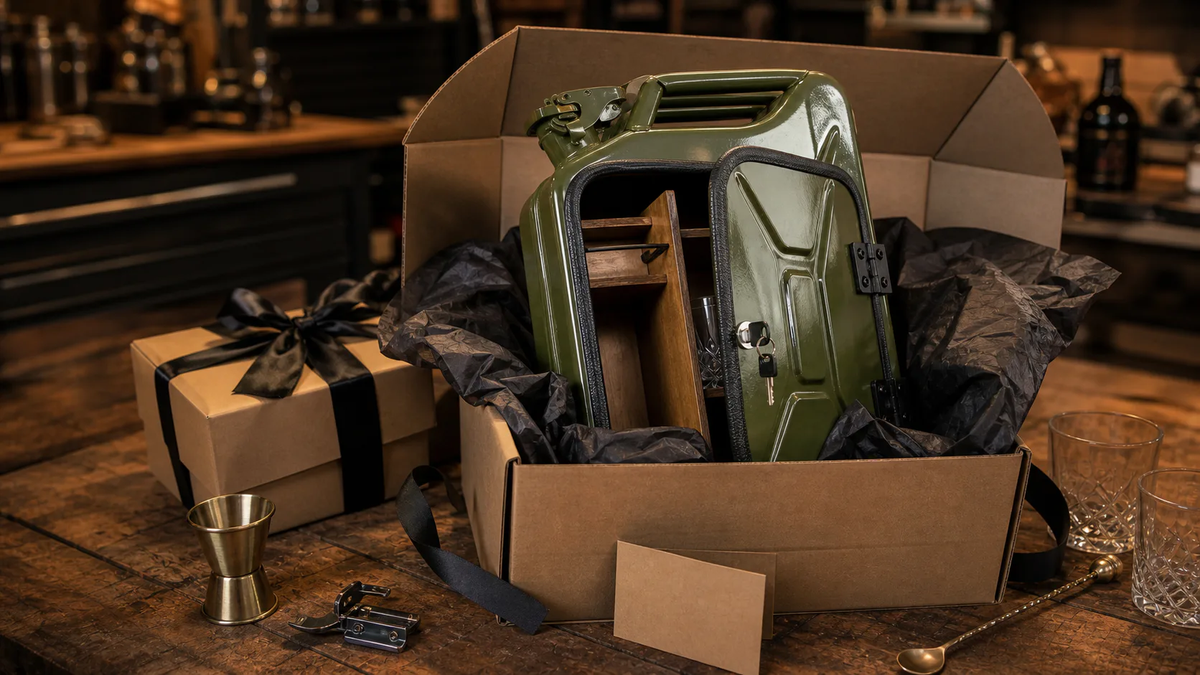 Olive jerry can mini bar presented beside a gift box on a wooden table