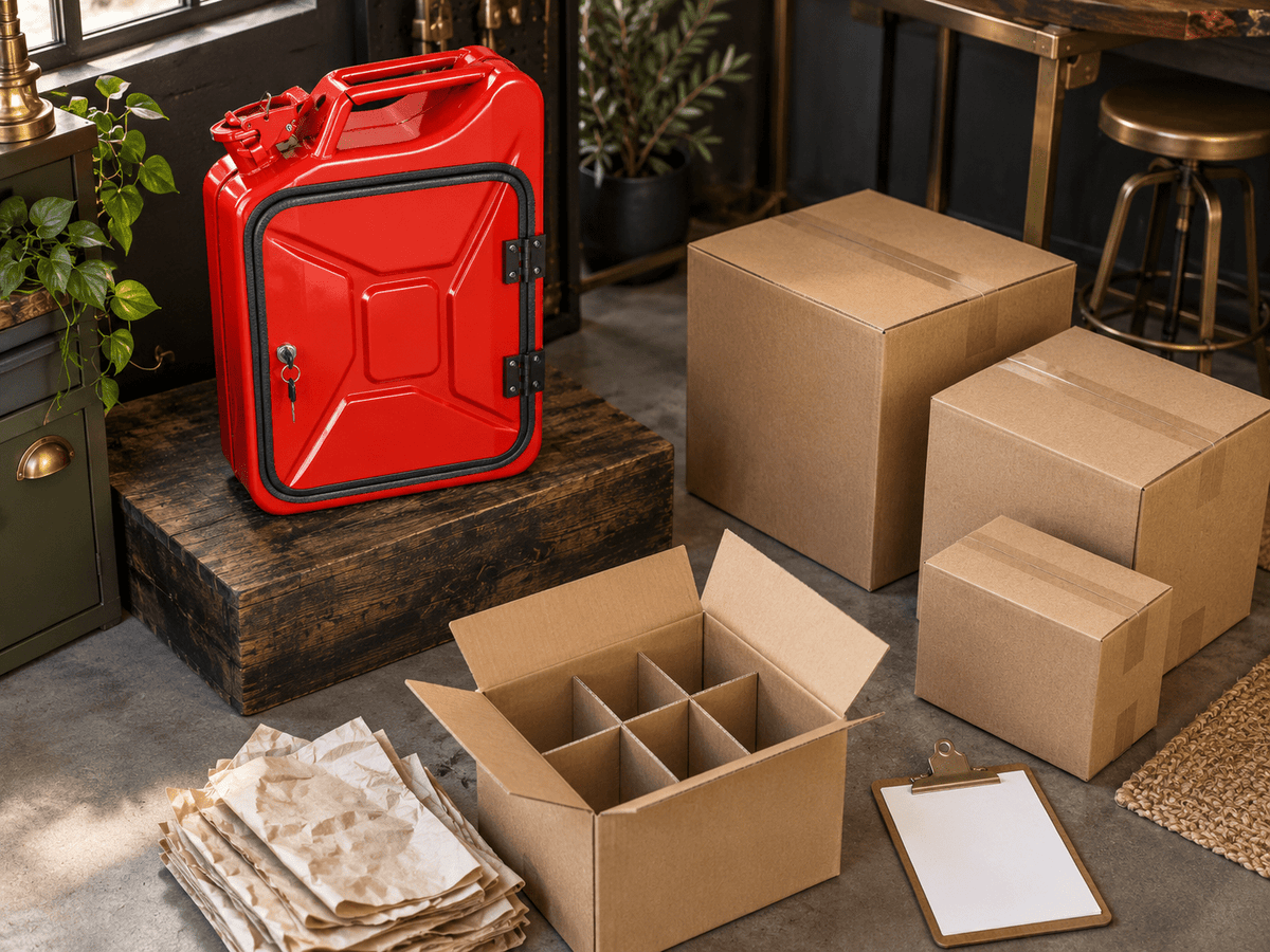 AI moving-planning scene with a closed red mini bar outside separate plain cartons and a blank inventory clipboard