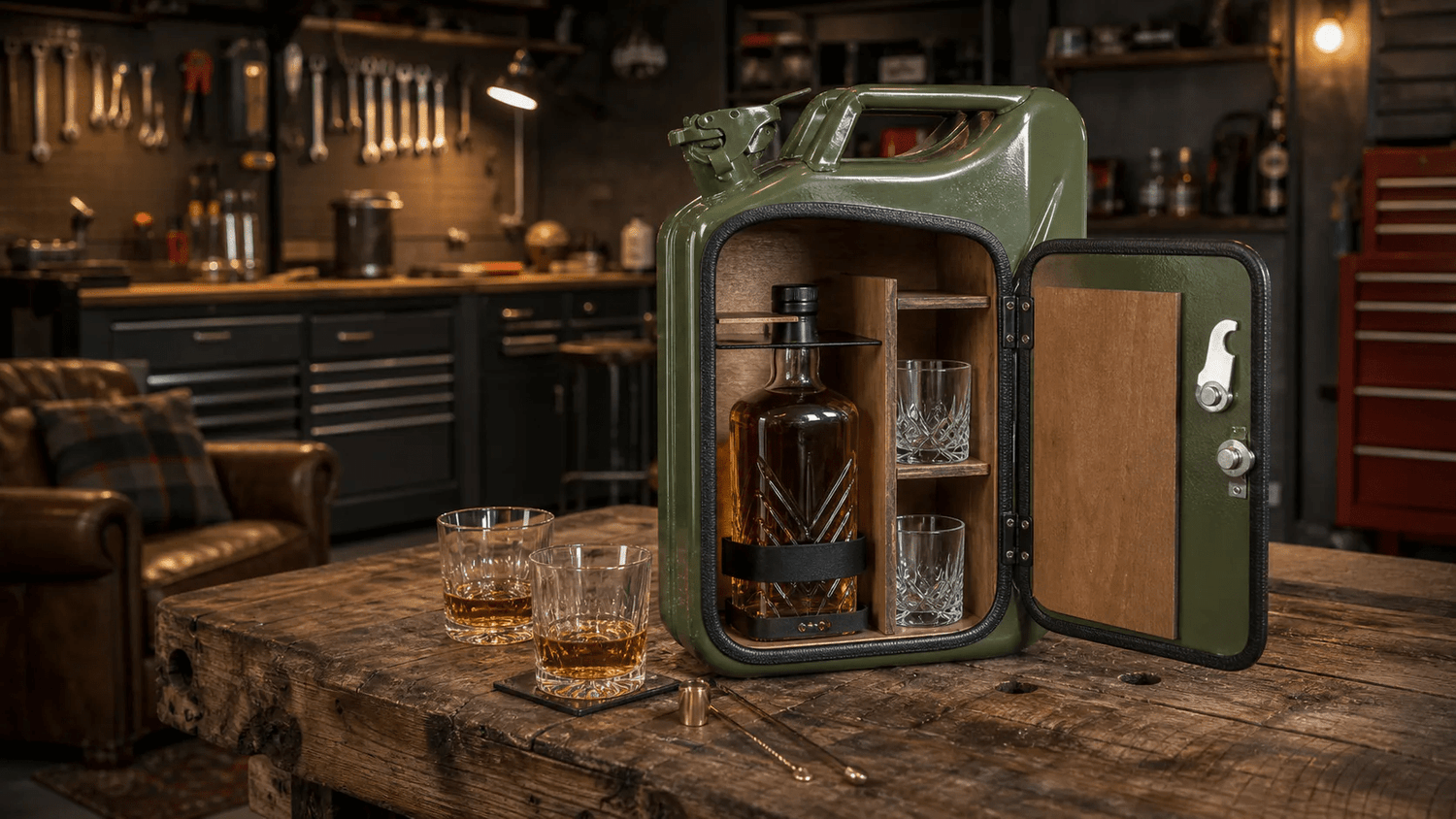 Photorealistic garage man cave scene with an open jerry can mini bar on a reclaimed wood workbench