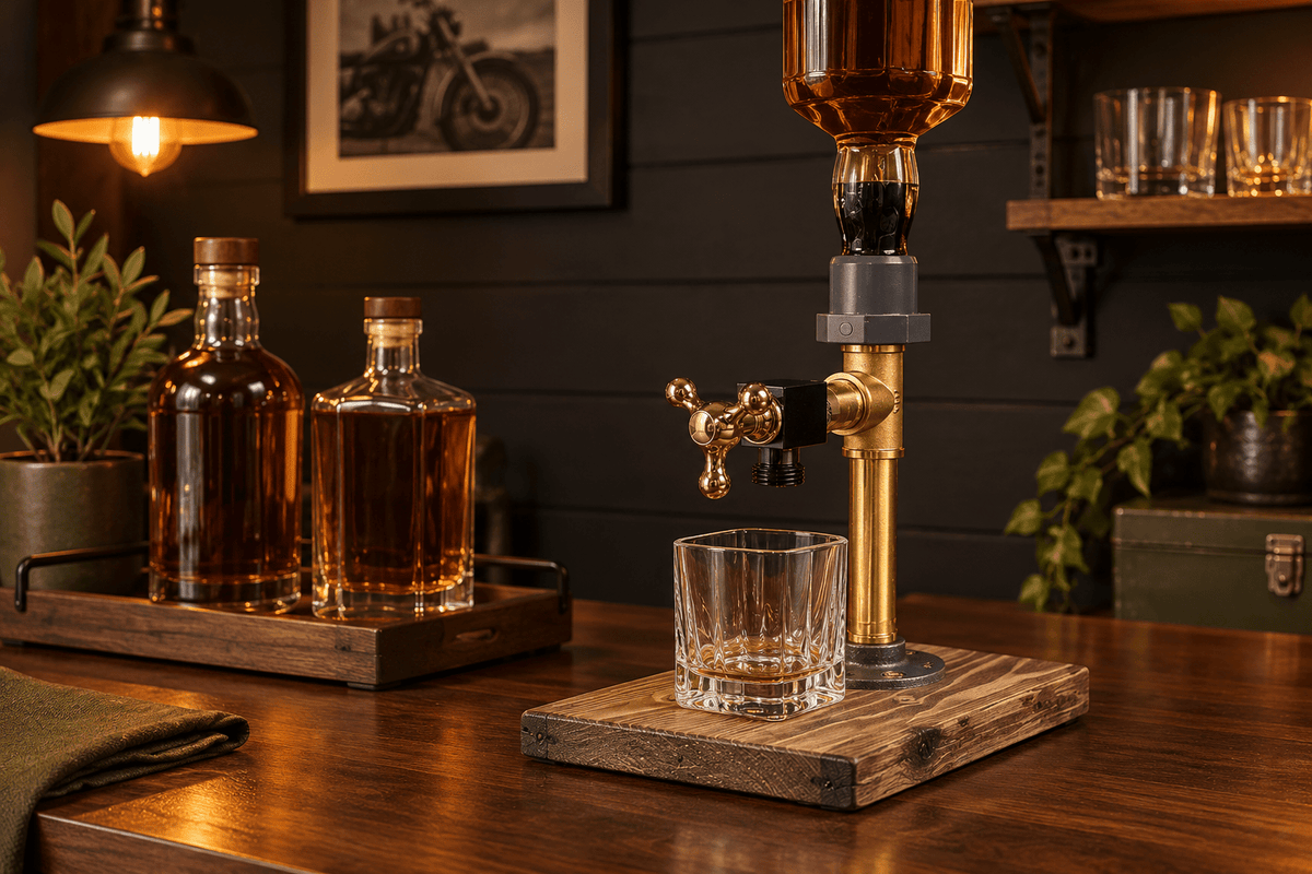 Illustrated single tap station and two separate capped bottles on a dark home-bar counter