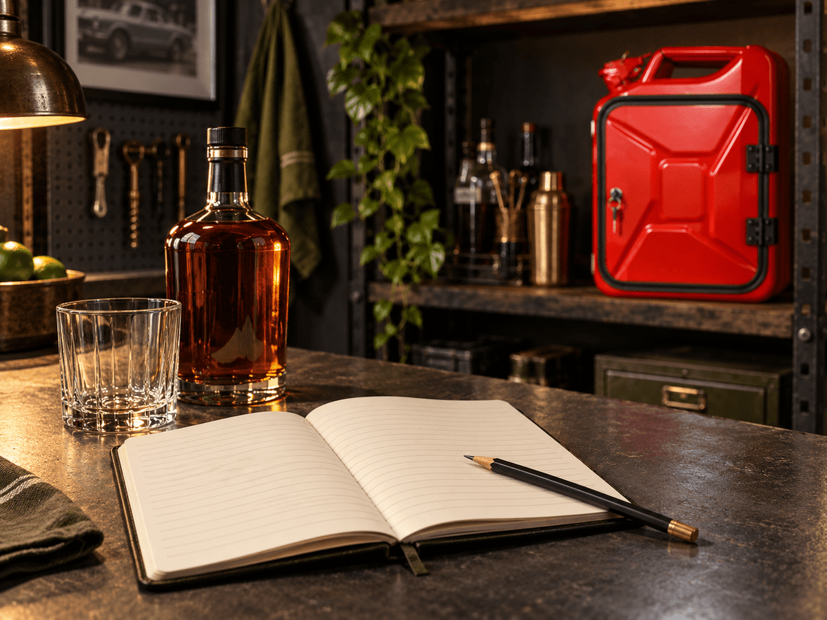 AI-generated photorealistic illustration of a small home bar inventory notebook beside a whiskey bottle and a red mini cabinet; notebook props are illustrative, not supplied items.