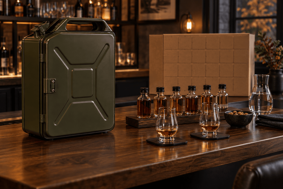 Original photorealistic whiskey Advent calendar home tasting station with an unbranded olive mini bar cabinet