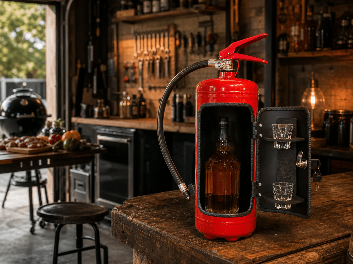 Industrial garage bar scene with a fire extinguisher mini bar cabinet