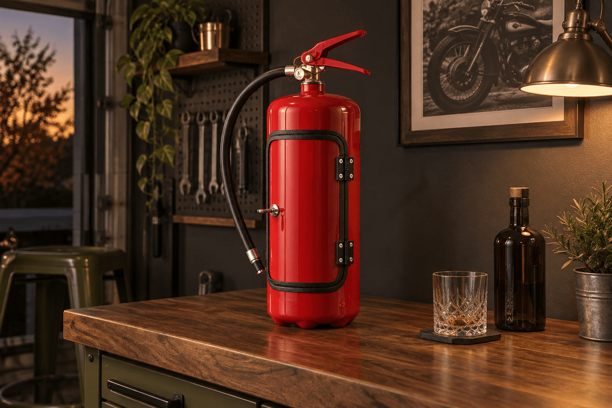 Original generated editorial scene of a red extinguisher-style mini bar cabinet on a compact garage-bar workbench