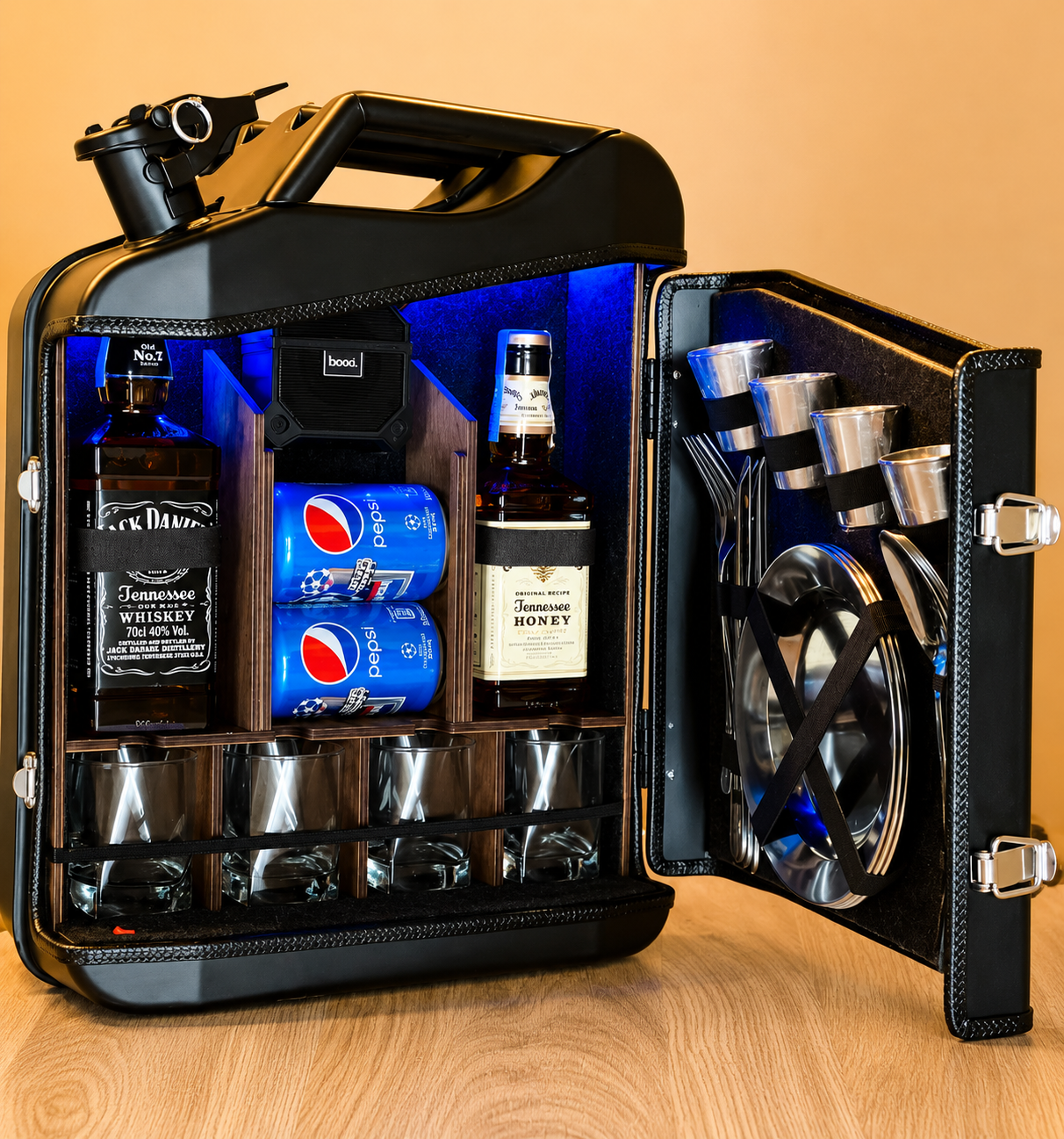 Black jerry can mini bar open with bottles, cans, glasses, and door accessories in a warm studio scene