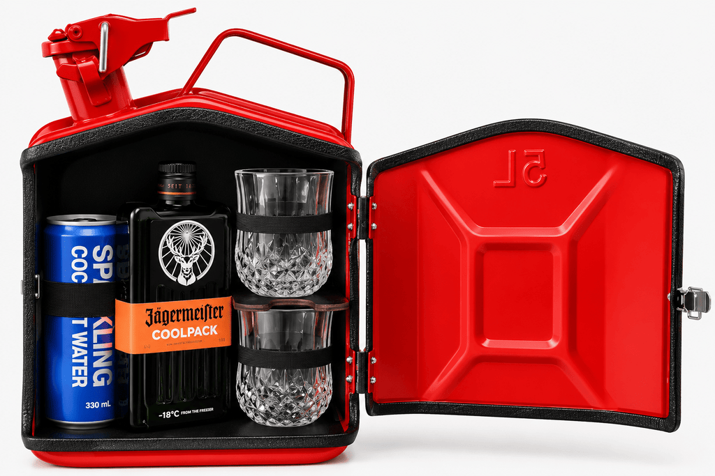 Red jerry can mini bar open with Jagermeister Coolpack, sparkling water, and rocks glasses