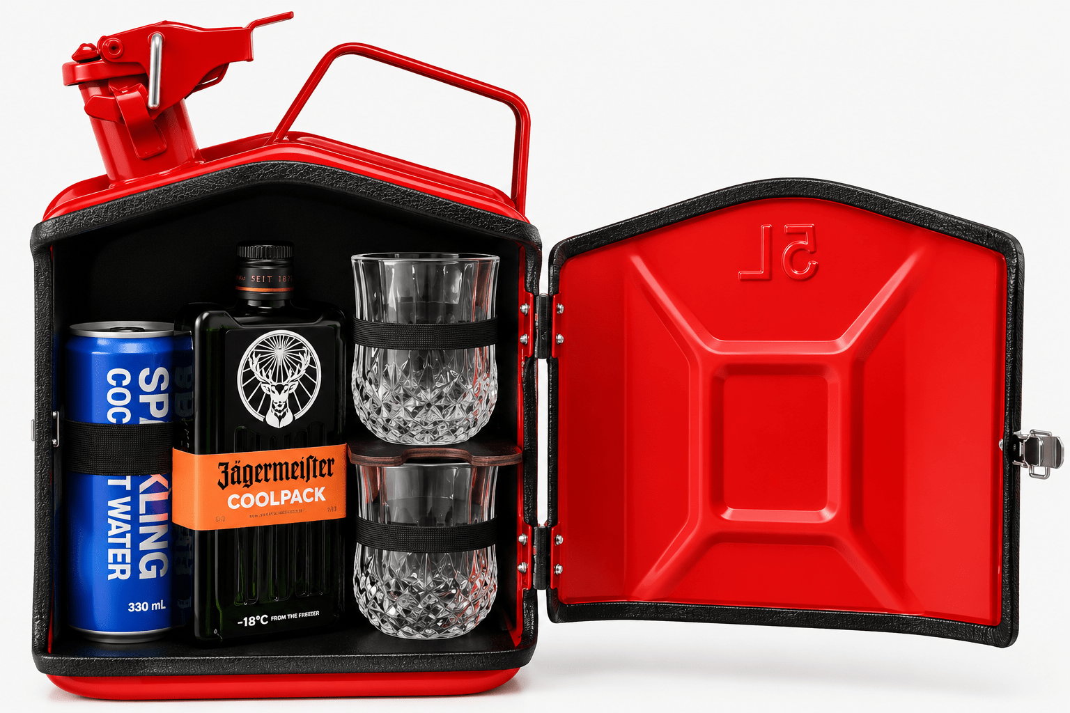 Red jerry can mini bar open with Jagermeister Coolpack, sparkling water, and rocks glasses