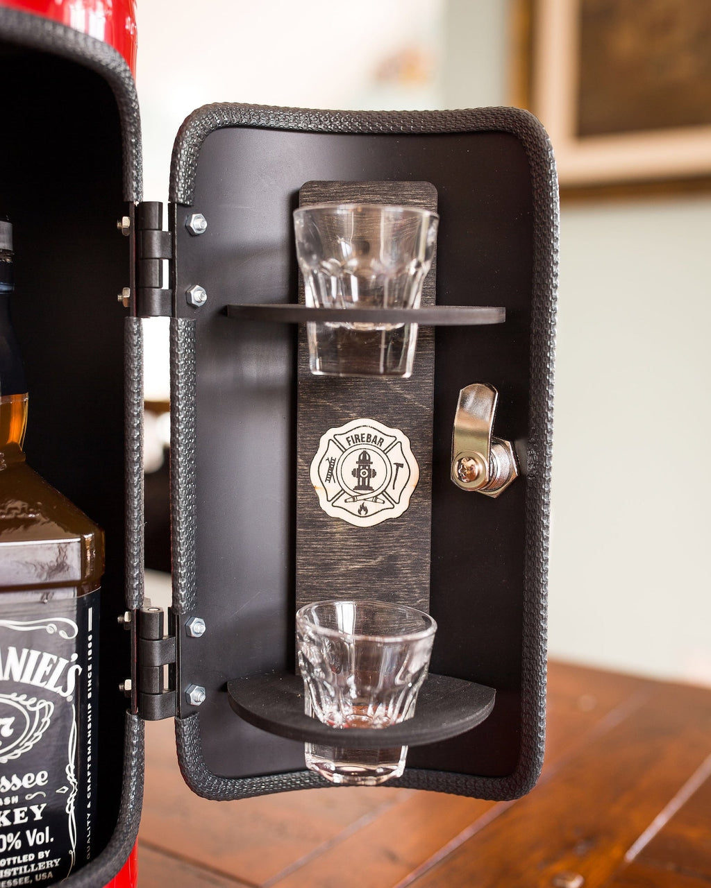 Fire Extinguisher Mini Bar Cabinet - jerry can minibar black door detail 01