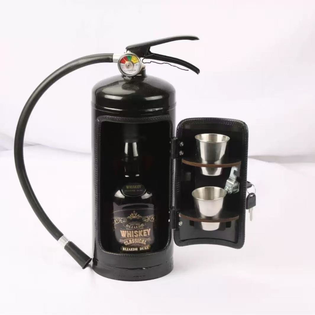Black fire extinguisher mini bar open with whiskey bottle and metal cups in studio view