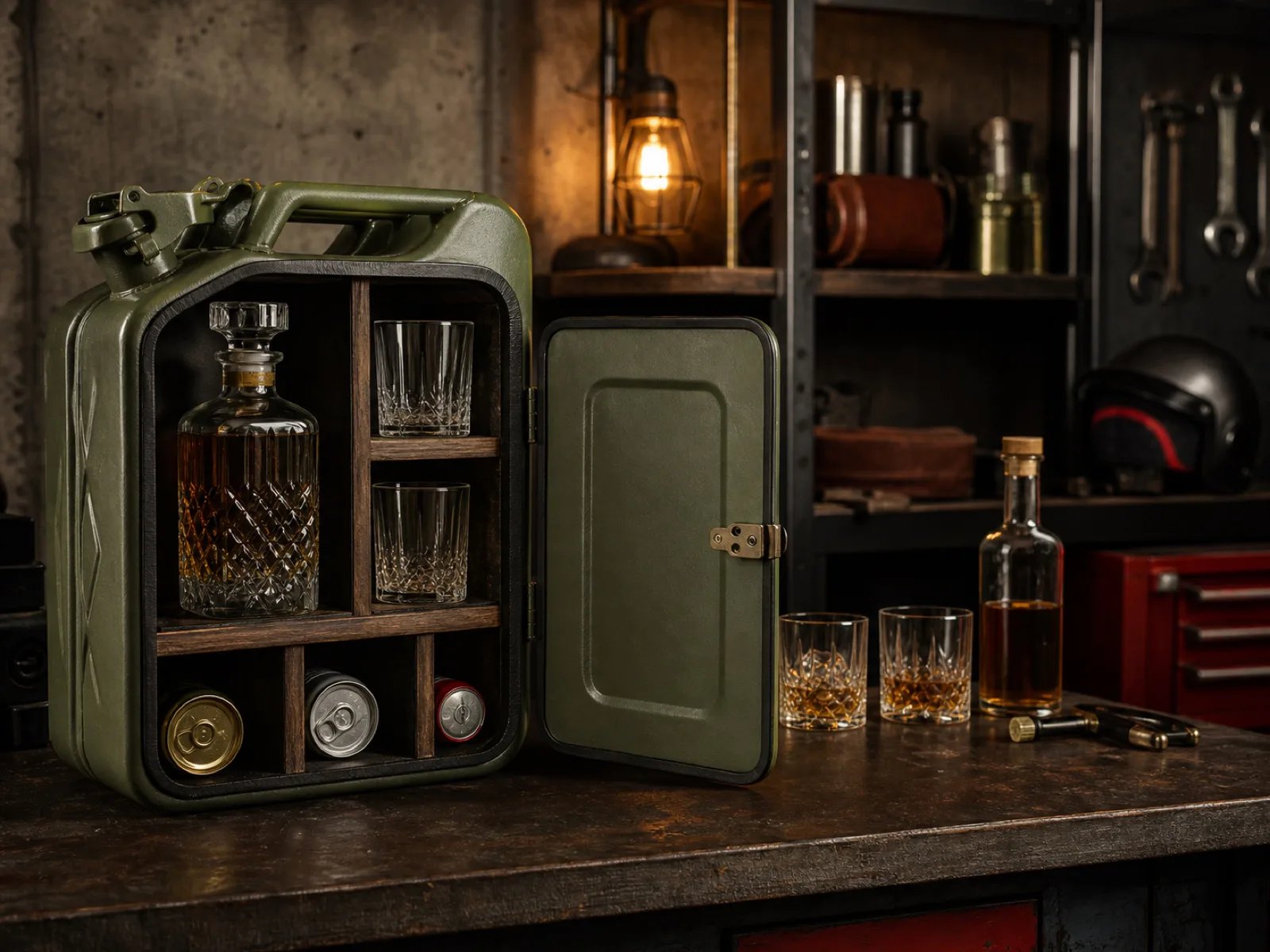 Rugged barware displayed on a garage bar shelf