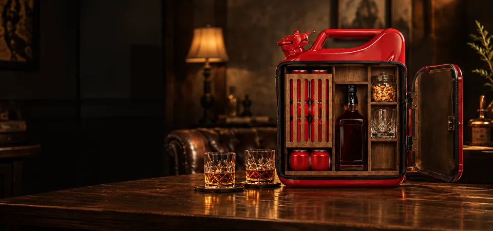 Open red Jerry Can Mini Bar in a warm home bar