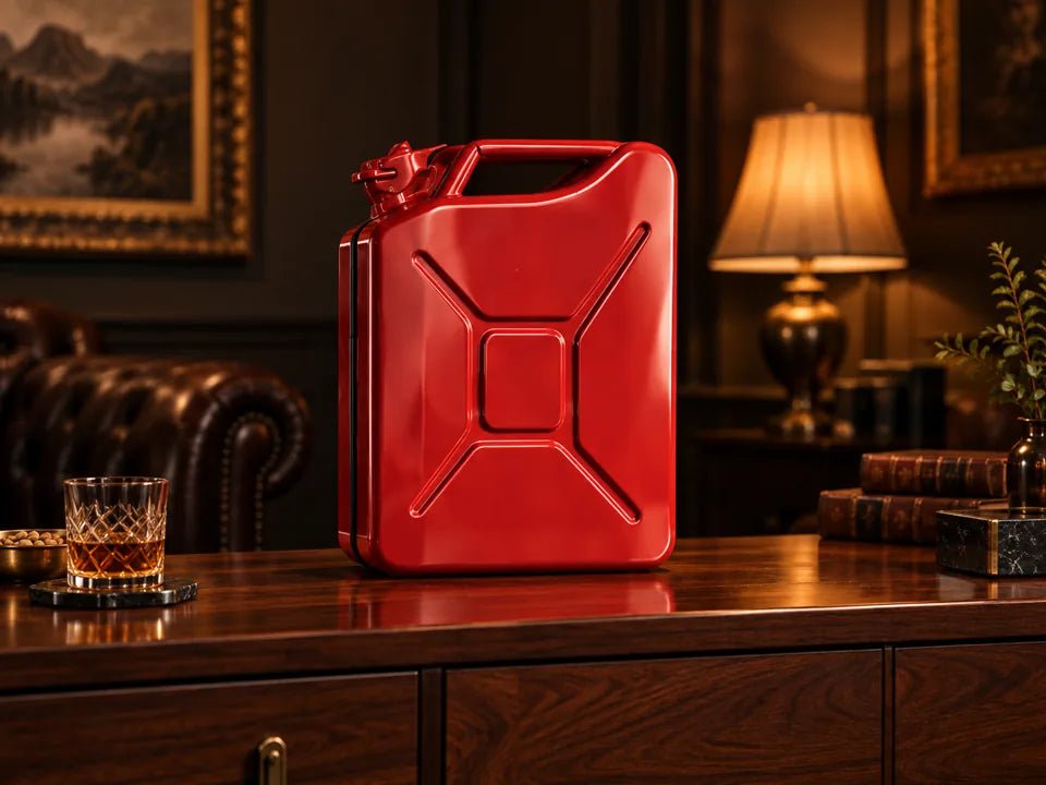 Closed steel Jerry Can Mini Bar cabinet on a workshop shelf