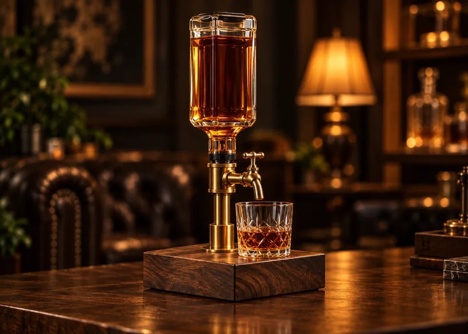 Wood-base whiskey bottle dispenser pouring into a glass