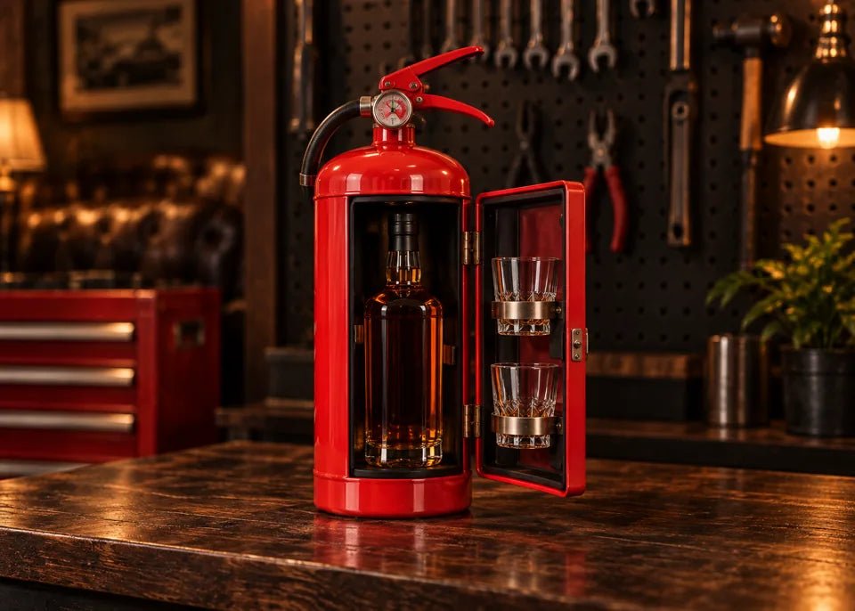 Fire Extinguisher Mini Bar Cabinet opened to show bottle storage